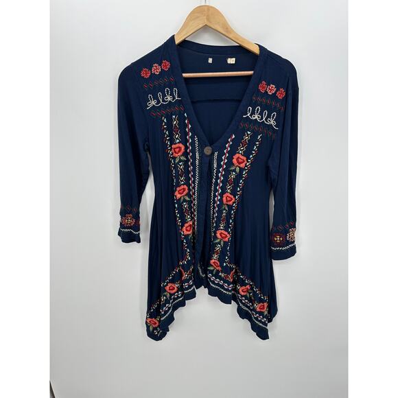 CAITE Embroidered Cardigan Waterfall Bohemian Duster Blue Size M Boho Fairycore - Picture 1 of 7